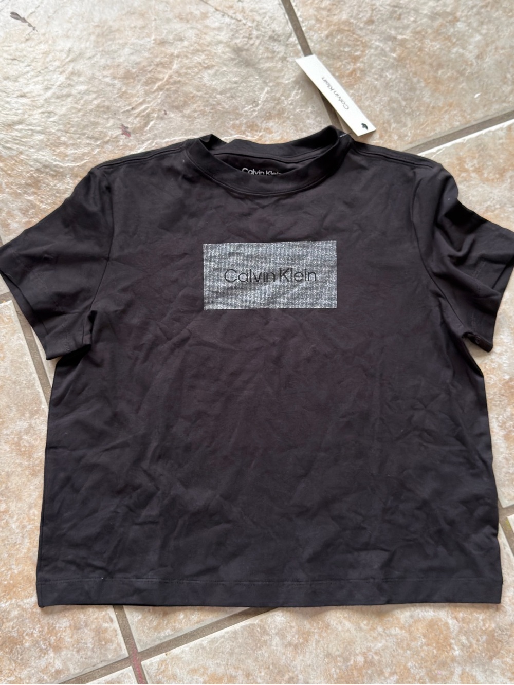 NWT Calvin Klein Women's Black Rhinestone Box Logo T-Shirt Size Small